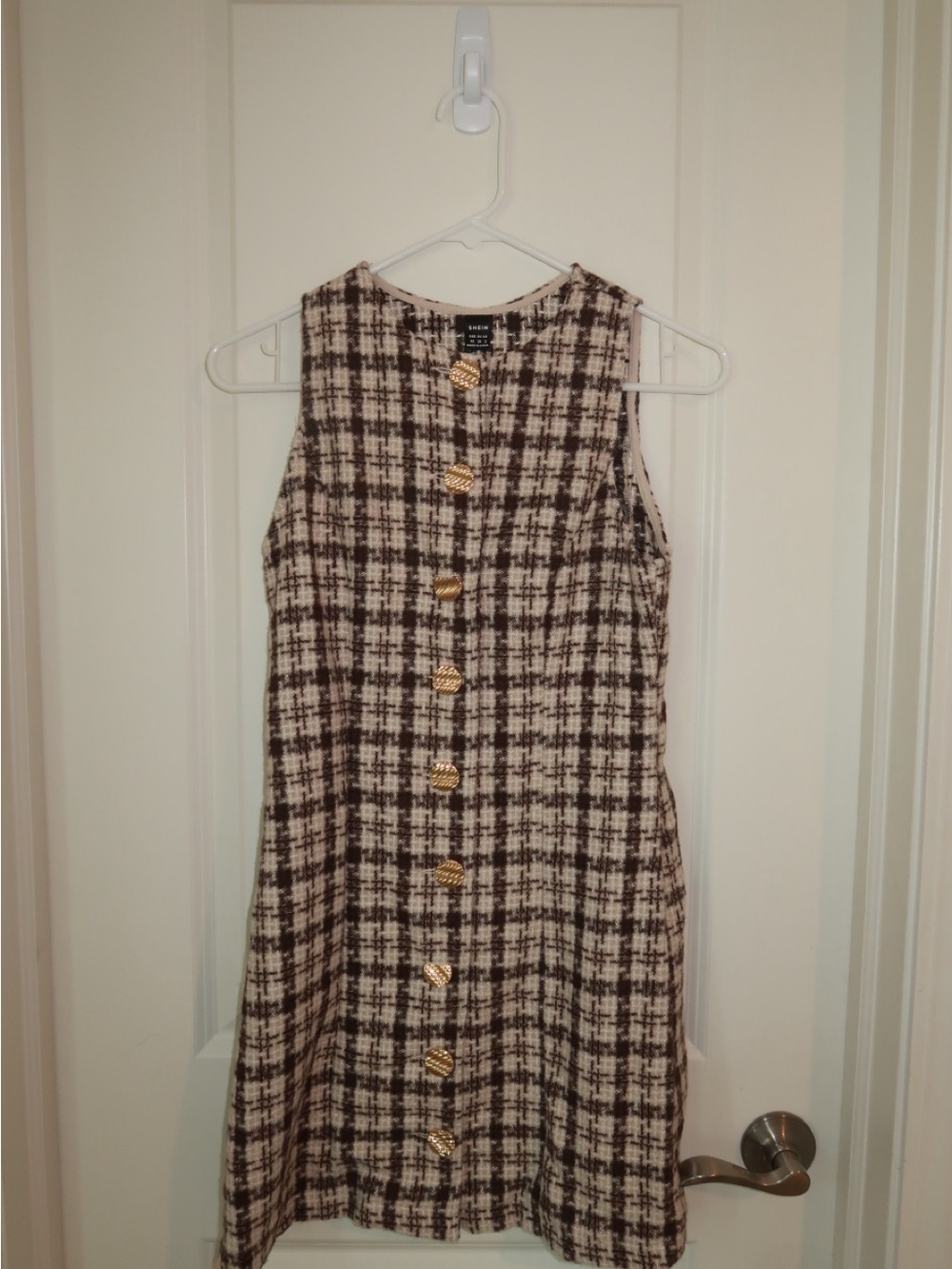 Sleeveless Tweed Shift Dress in Brown and Cream
